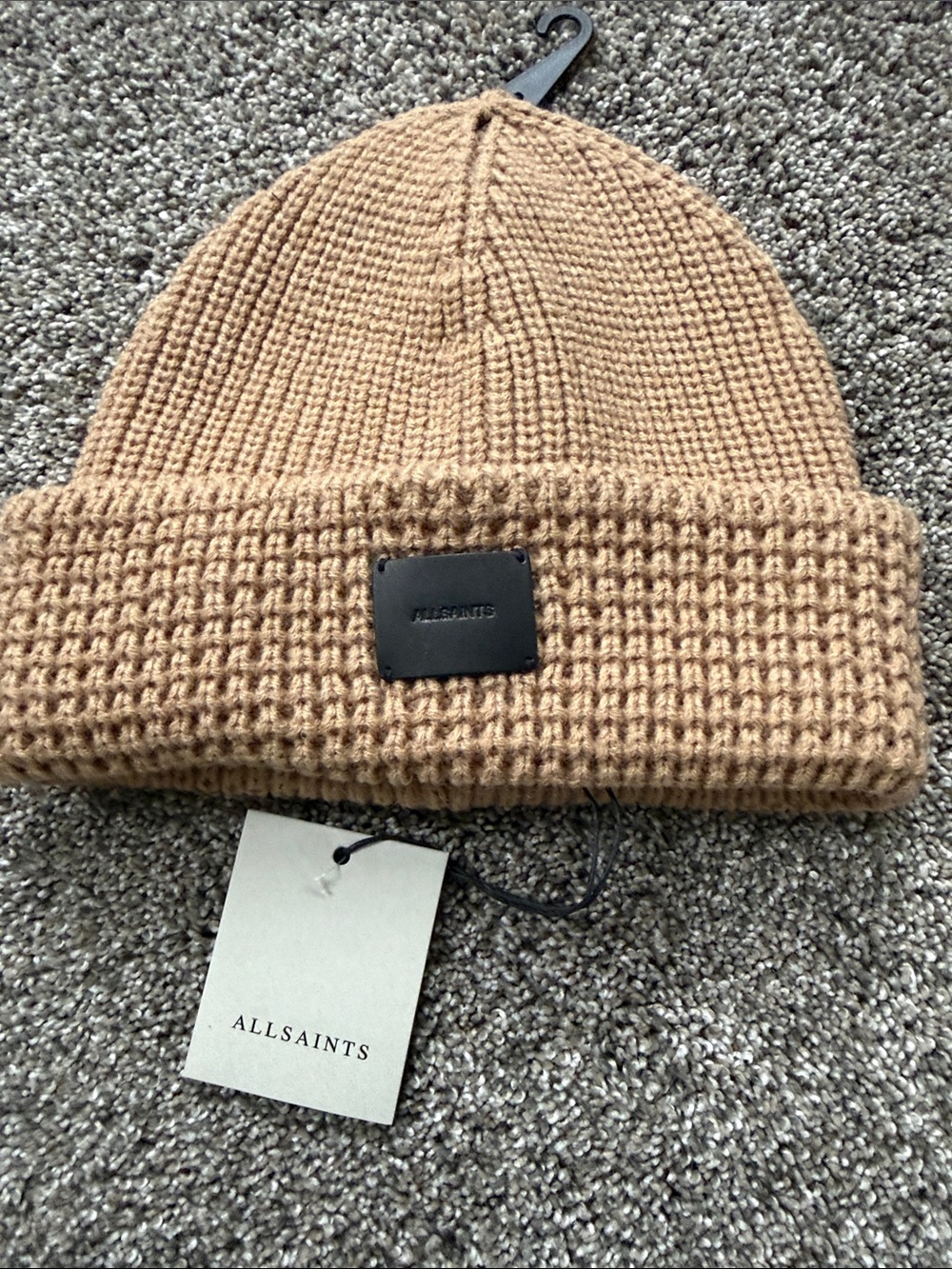 AllSaints Camel Knit Beanie with Leather Logo Patch
